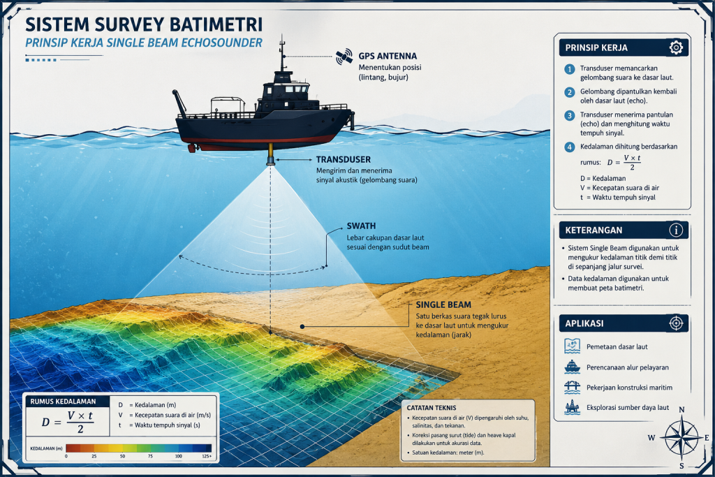 Prinsip kerja metode akustik echo sounder untuk layanan survey hidrologi dan batimetri