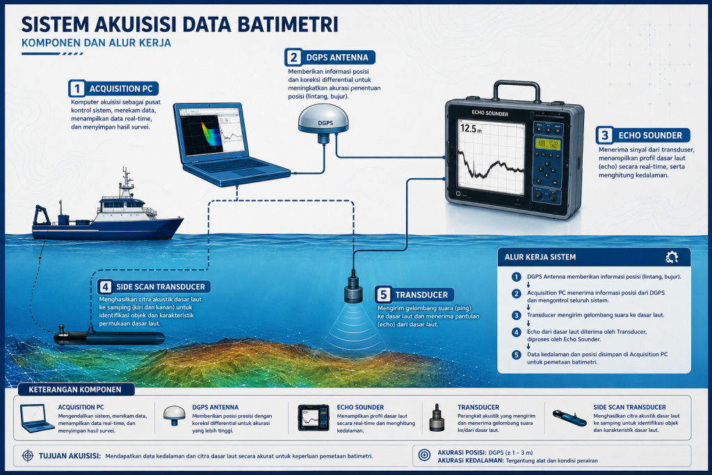 Diagram instalasi alat survey bathimetri echosounder dan sistem DGPS khandaq
